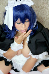 Rule 34 | apron, blue hair, breasts, breasts out, chouzuki maryou, cosplay, closed eyes, large breasts, maid, maid apron, maid headdress, photo (medium), plump, seikon no qwaser, thick thighs, thighhighs, thighs, yamanobe tomo