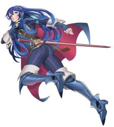 Rule 34 | 1girl, ass, blue eyes, blue hair, boots, cape, daniaeru, fingerless gloves, fire emblem, fire emblem awakening, from behind, from side, gloves, grin, hair between eyes, hairband, highres, long hair, looking at viewer, lucina (fire emblem), mask, nintendo, pants, smile, solo, sword, unworn mask, very long hair, weapon, white background