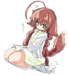 Rule 34 | 1girl, ^^^, ahoge, animal ears, between legs, blush, braid, breasts, brown hair, disembodied hand, dog ears, dog tail, dress, dutch angle, embarrassed, female focus, tickling feet, full body, green eyes, hair between eyes, hand between legs, huge ahoge, jacket, japanese text, kneeling, legs together, long hair, long sleeves, looking at viewer, mutoo, open clothes, open jacket, original, seiza, simple background, sitting, small breasts, socks, solo, sweat, tail, tears, tickling, translation request, trembling, twin braids, v arms, white background, white jacket, white socks, yellow dress