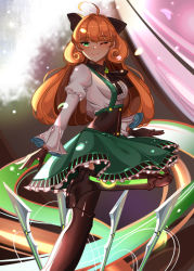 Rule 34 | 1girl, alternate hair length, alternate hairstyle, android, boots, bow, gloves, green eyes, joints, long hair, orange hair, penny polendina, ribbon, robot joints, rwby, skirt, spoilers, thigh boots, thighhighs, wink