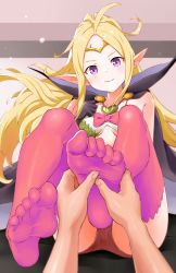Rule 34 | 1girl, absurdres, black gloves, feet, fire emblem, fire emblem awakening, foot focus, foot massage, foreshortening, gloves, happy, highres, holding another&#039;s foot, igni tion, looking at viewer, massage, nintendo, nowi (fire emblem), pointy ears, pov, purple eyes, smile, soles, solo focus, thighhighs, toes