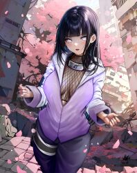 Rule 34 | 1girl, absurdres, bicio, black hair, black pants, blunt bangs, breasts, byakugan, cherry blossoms, commentary, cowboy shot, english commentary, falling petals, fishnet top, fishnets, forehead protector, highres, hime cut, holster, hyuuga hinata, incredibly absurdres, jacket, konohagakure symbol, large breasts, long hair, looking at viewer, naruto (series), naruto shippuuden, paid reward available, pants, parted lips, petals, purple jacket, rubble, solo, spanish commentary, tears, thigh holster, tree, white eyes