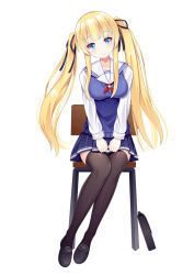 Rule 34 | 1girl, absurdres, bad id, bad pixiv id, black footwear, black ribbon, black thighhighs, blonde hair, blue eyes, blue skirt, blue sweater, blush, briefcase, chair, closed mouth, collarbone, fengli (709622571), floating hair, full body, hair ribbon, head tilt, highres, loafers, long hair, long sleeves, looking at viewer, miniskirt, pleated skirt, ribbon, saenai heroine no sodatekata, sailor collar, sailor shirt, sawamura spencer eriri, school briefcase, school chair, school uniform, shiny clothes, shiny legwear, shirt, shoes, simple background, sitting, skirt, smile, solo, sweater, sweater vest, thighhighs, twintails, very long hair, white background, white shirt, zettai ryouiki