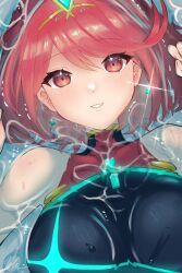 Rule 34 | 1girl, black leotard, blush, breasts, covered collarbone, hair between eyes, hands up, headpiece, highres, kyosuke1413koba, leotard, looking at viewer, medium breasts, parted lips, partially submerged, pyra (xenoblade), red eyes, red hair, smile, solo, upper body, water, xenoblade chronicles (series), xenoblade chronicles 2
