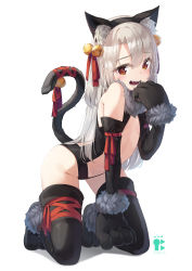 Rule 34 | 1girl, absurdres, animal ears, animal hands, artist name, bell, black gloves, black thighhighs, brown eyes, cat ears, cat tail, dangeroes beast (illya), dated, elbow gloves, fake animal ears, fate/kaleid liner prisma illya, fate (series), flat chest, full body, fur trim, gloves, hair bell, hair ornament, highres, illyasviel von einzbern, kimyo, kneeling, long hair, looking at viewer, official alternate costume, open mouth, paw gloves, silver hair, simple background, solo, tail, tail bell, tail ornament, teeth, thighhighs, white background