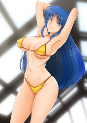 Rule 34 | 1girl, absurdres, armpits, arms behind head, arms up, bikini, blue eyes, blue hair, blurry, blurry background, breasts, closed mouth, commentary request, dirty pair, highleg, highleg bikini, highres, indoors, long hair, looking at viewer, medium breasts, nanashi noiji, navel, rei no pool, simple background, smile, solo, stomach, swimsuit, thighs, yellow bikini, yuri (dirty pair)