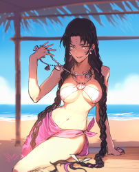 Rule 34 | 1girl, arm support, beach, bikini, black hair, blue sky, braid, breasts, chest tattoo, collarbone, commentary, dated, day, earrings, english commentary, facial mark, fate/extra, fate/extra ccc, fate/grand order, fate (series), forehead mark, highres, jewelry, large breasts, leaning on object, long hair, looking to the side, multicolored hair, navel, necklace, outdoors, parted bangs, parted lips, pearl earrings, pearl necklace, pink hair, pink sarong, sarong, sessyoin kiara, sessyoin kiara (swimsuit mooncancer), sessyoin kiara (swimsuit mooncancer) (first ascension), shaded face, shell, shell necklace, signature, sky, solkorra, solo, swimsuit, tattoo, twin braids, two-tone hair, v-shaped eyebrows, very long hair, water, white bikini, yellow eyes