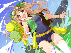Rule 34 | 1girl, ahoge, belt, boat, bow, bracelet, brown eyes, brown hair, cleaned, day, dutch angle, firing, goggles, goggles on head, green bow, hair bow, highres, jewelry, long hair, looking at viewer, midori-chan (myslot), myslot, open mouth, outdoors, pointing, pointing at viewer, school swimsuit, sky, smile, solo, sparkle, standing, swimsuit, thighhighs, two side up, vest, watanabe akio, water, water gun, watercraft, white thighhighs