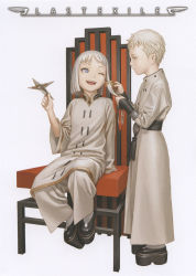 Rule 34 | 00s, 2boys, baggy pants, cable, chair, cloak, comb, copyright name, dio eraclea, highres, last exile, lucciola, male focus, multiple boys, one eye closed, open mouth, paper airplane, platform footwear, pointy ears, sitting, smile, tassel, white hair