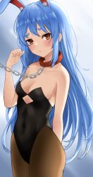 Rule 34 | 1girl, absurdres, animal ear fluff, animal ears, arm behind back, bare shoulders, bdsm, black leotard, blue background, blue hair, blush, breasts, brown pantyhose, chain, chain leash, cleavage, closed mouth, collar, collarbone, commentary request, cowboy shot, gradient background, hair down, hand up, highres, hololive, lds (dstwins97), leash, leotard, long hair, looking at viewer, pantyhose, playboy bunny, rabbit ears, red eyes, revision, slave, small breasts, solo, strapless, strapless leotard, usada pekora, usada pekora (1st costume), very long hair, virtual youtuber