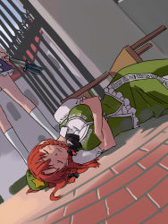 Rule 34 | 2girls, :3, blush, bow, braid, breasts, chair, china dress, chinese clothes, closed eyes, crossed arms, dress, dutch angle, embodiment of scarlet devil, female focus, hair bow, hat, hong meiling, izayoi sakuya, kneehighs, knife, long hair, lying, maid, meranie, multiple girls, on ground, on side, red hair, sleeping, socks, throwing knife, touhou, twin braids, weapon