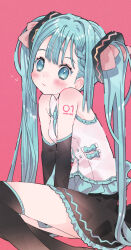 Rule 34 | 1girl, arms between legs, blue eyes, blue hair, blush, bow, braid, collared shirt, detached sleeves, frilled skirt, frills, hair bow, hair ornament, hatsune miku, highres, kawamitsu, long hair, looking at viewer, necktie, pink background, shirt, sitting, skirt, sleeveless, sleeveless shirt, smile, solo, thighhighs, twintails, vocaloid