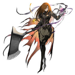 Rule 34 | 1girl, armor, axe, bamuth, brown hair, gauntlets, highres, holding, holding axe, holding skull, holding weapon, huge weapon, lantern, long hair, original, parted lips, purple eyes, simple background, sketch, skull, slit pupils, smile, solo, torn clothes, vambraces, weapon, wet, white background