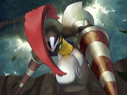 Rule 34 | armor, blurry, blurry background, colored sclera, commentary request, creatures (company), day, escavalier, from below, game freak, gen 5 pokemon, highres, falling leaves, looking at viewer, nintendo, no humans, outdoors, plume, pokemon, pokemon (creature), red eyes, rio (user nvgr5434), solo, tree, yellow sclera