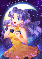 Rule 34 | 1girl, :d, bishoujo senshi sailor moon, blue eyes, blue flower, blue rose, breasts, choker, cleavage, collarbone, crescent, crescent earrings, crescent facial mark, crescent moon, crescent necklace, curly hair, dress, earrings, facial mark, fang, floating hair, flower, jewelry, kaminary, long hair, looking at viewer, luna (sailor moon), luna (sailor moon) (human), medium breasts, moon, necklace, open mouth, purple hair, ribbon, ribbon choker, rose, signature, sky, sleeveless, sleeveless dress, smile, solo, standing, star (sky), starry sky, very long hair, yellow dress, yellow ribbon