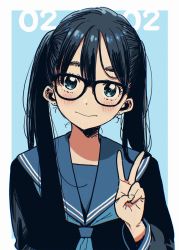 Rule 34 | 1girl, black hair, black serafuku, black shirt, blue background, blue neckerchief, blue sailor collar, blush, border, closed mouth, commentary request, dated, earrings, glasses, hand up, highres, imigimuru, jewelry, light smile, long hair, looking at viewer, neckerchief, original, sailor collar, school uniform, serafuku, shirt, simple background, solo, stud earrings, twintails, twintails day, v, white border