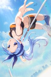 Rule 34 | 1girl, ass, back, bandana, blue bandana, blue eyes, blue hair, blue thighhighs, borrowed character, breasts, cleavage, commentary request, day, forehead, gomashio ponz, high jump, highres, jumping, long hair, medium breasts, midriff, bae minah (chaesu), nike (company), original, outdoors, over-kneehighs, pole vault, shoes, shorts, sneakers, solo, sports bra, sweat, thighhighs, upside-down