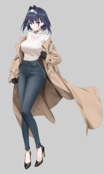 Rule 34 | 1girl, black footwear, black gloves, blue eyes, blue hair, breasts, coat, denim, earrings, full body, gloves, grey background, hair intakes, hairband, headband, high-waist pants, high heels, highres, hololive, hololive english, jeans, jewelry, large breasts, light smile, looking at viewer, ouro kronii, pants, short hair, simple background, solo, sweater, turtleneck, turtleneck sweater, virtual youtuber, white sweater, winter clothes, winter coat, yd (orange maru)