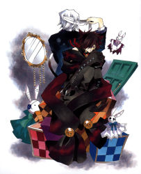 Rule 34 | 00s, 2boys, animal ears, bandages, bandage over one eye, bell, brown hair, cat, cheshire cat (pandora hearts), door, hair over one eye, kevin regnard, male focus, mirror, mochizuki jun, multiple boys, official art, pandora hearts, red eyes, short hair, silver hair, will of the abyss, xerxes break