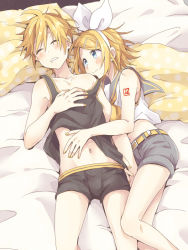 Rule 34 | 1boy, 1girl, :&lt;, arm grab, arm tattoo, bare shoulders, bed, bed sheet, blonde hair, blue eyes, blush, bow, brother and sister, clothes lift, hair bow, hair ornament, hairclip, hand on another&#039;s stomach, hug, incest, kagamine len, kagamine rin, looking at another, lying, midriff peek, nail polish, navel, nervous, number tattoo, on back, on side, pillow, polka dot pillow, sailor collar, shirt, shirt lift, shorts, siblings, sleeping, sleepwear, sleeveless, sleeveless shirt, suzumi (fallxalice), tattoo, twincest, twins, vocaloid, wavy mouth, yellow nails