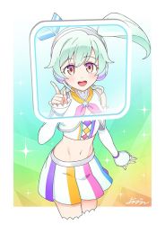 Rule 34 | 10s, :d, aikatsu! (series), aikatsu friends!, bare shoulders, blush, card, commentary, cropped legs, detached sleeves, grey hair, headphones, idol, coco (aikatsu friends!), midriff, multicolored eyes, navel, neckerchief, open mouth, pleated skirt, rainbow background, shiny skin, side ponytail, signature, skirt, sleeves past wrists, smile, solo, sparkle, speaker, two-tone background, yoban