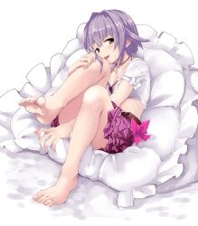 Rule 34 | 1girl, barefoot, belt, between legs, blush, bow, bra, breasts, brown belt, brown eyes, cleavage, collarbone, crop top, cropped shirt, cushion, dot nose, dress bow, feet, grey hair, hair flaps, hand between legs, hand on own knee, idolmaster, idolmaster cinderella girls, idolmaster cinderella girls starlight stage, knees up, koshimizu sachiko, layered skirt, leg up, looking at viewer, miniskirt, noa (nagareboshi), open mouth, pink bow, purple bra, purple hair, purple skirt, shirt, short hair, short sleeves, sitting, skirt, small breasts, smile, soles, solo, teeth, toes, underwear, upper teeth only, white shirt