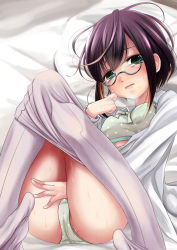 Rule 34 | 10s, 1girl, blouse, blue-framed eyewear, blush, bra, brown hair, clothes pull, green bra, green eyes, green panties, highres, kantai collection, kurona, looking at viewer, multicolored hair, no pants, okinami (kancolle), open clothes, open mouth, open shirt, panties, pantyhose, pantyhose pull, purple hair, pussy juice, shirt, short hair, solo, underwear, wet, wet clothes, wet panties, white pantyhose, white shirt