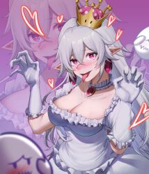 Rule 34 | 1girl, blush, boo (mario), breasts, cleavage, crown, dress, earrings, er gou daoren, frilled gloves, frills, ghost pose, gloves, hair between eyes, heart, heart-shaped pupils, jewelry, large breasts, long hair, long tongue, luigi&#039;s mansion, mario (series), mini crown, new super mario bros. u deluxe, nintendo, pointy ears, princess king boo, puffy short sleeves, puffy sleeves, purple eyes, sharp teeth, short sleeves, super crown, symbol-shaped pupils, teeth, tongue, tongue out, very long hair, white dress, white gloves, white hair, zoom layer