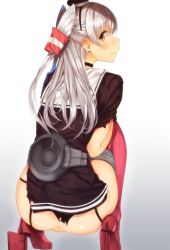 Rule 34 | 10s, 1girl, akagi asahito, amatsukaze (kancolle), anus, ass, black panties, blush, brown eyes, choker, dress, garter straps, hair ornament, highres, kantai collection, long hair, looking at viewer, panties, red thighhighs, sailor dress, school uniform, short dress, silver hair, simple background, solo, squatting, string panties, thighhighs, torn clothes, torn dress, torn panties, twintails, two side up, uncensored, underwear