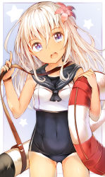 Rule 34 | 10s, 1girl, blue eyes, covered navel, cowboy shot, flower, hair flower, hair ornament, head tilt, kantai collection, lifebuoy, long hair, looking at viewer, one-piece swimsuit, one-piece tan, open mouth, ro-500 (kancolle), sailor collar, school swimsuit, smile, solo, standing, star (symbol), swim ring, swimsuit, tan, tanline, torpedo, umagenzin, white hair