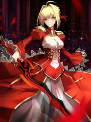 Rule 34 | 10s, 1girl, aestus estus, ahoge, blonde hair, blurry, braid, breasts, center opening, cleavage, depth of field, dress, epaulettes, expressionless, fate/extella, fate/extra, fate (series), french braid, hair bun, hair intakes, highres, holding, holding sword, holding weapon, juliet sleeves, lace, lace-trimmed dress, lace-trimmed sleeves, lace trim, large breasts, leotard, long dress, long sleeves, nero claudius (fate), nero claudius (fate) (all), nero claudius (fate/extra), petals, puffy sleeves, red dress, see-through, shigure s, short hair with long locks, single hair bun, solo, standing, sword, weapon, white leotard