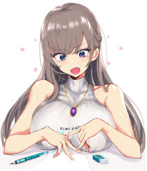 Rule 34 | 1girl, bare shoulders, breast rest, breasts, brown hair, eraser, hanasaka houcha, highres, jewelry, large breasts, long hair, mechanical pencil, mole, mole under eye, necklace, open mouth, original, pencil, purple eyes, solo, sweater, turtleneck, turtleneck sweater