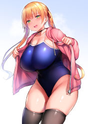 Rule 34 | 1girl, black thighhighs, blonde hair, blue one-piece swimsuit, breasts, choker, commentary request, ear piercing, gradient background, green eyes, hair ribbon, large breasts, long hair, looking at viewer, moto inkya no kyonyuu yariman imouto ga erosugite onii-chan wa mou...!!, natsuki (bookworm little sister), one-piece swimsuit, open mouth, original, piercing, pink hair, ribbon, shiny skin, shiny swimsuit, simple background, smile, solo, standing, swimsuit, swimsuit under clothes, teeth, thighhighs, tsukumiya amane, twintails, upper teeth only