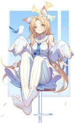 Rule 34 | 1girl, absurdres, animal ear fluff, animal ears, ass, bar stool, bird, blonde hair, blue archive, commentary request, detached sleeves, forehead, fox ears, fox girl, fox tail, halo, highres, knees up, long hair, long sleeves, looking at viewer, luai, pantyhose, parted bangs, school uniform, seia (blue archive), sidelocks, simple background, sitting, sleeves past fingers, sleeves past wrists, soles, solo, stool, tail, white bird, white pantyhose, wide sleeves, yellow eyes