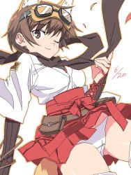 Rule 34 | 1girl, animal ears, bad id, bad pixiv id, belt, brown eyes, brown hair, female focus, goggles, goggles on head, hakama, hakama short skirt, hakama skirt, japanese clothes, katou keiko, oekaki, one eye closed, panties, pouch, scarf, short hair, skirt, smile, solo, strike witches, tail, tonbi, underwear, utility belt, white background, wink, witches of africa, world witches series