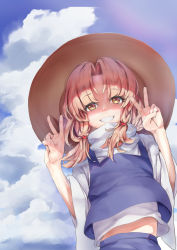 Rule 34 | 1girl, absurdres, arms up, asllapistone, blonde hair, blue skirt, blue sky, blue vest, brown hat, cloud, commentary request, day, double v, flat chest, from below, grin, hair ribbon, hat, high collar, highres, long sleeves, looking at viewer, midriff peek, mixed-language commentary, moriya suwako, outdoors, parted bangs, ribbon, shirt, short hair, sidelocks, skirt, sky, smile, solo, standing, teeth, touhou, upper body, v, vest, white shirt, wide sleeves, yellow eyes