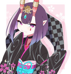 Rule 34 | 1girl, black kimono, bob cut, breasts, choker, eyeliner, fate/grand order, fate (series), floral print, headpiece, highres, horn ornament, horn ring, horns, japanese clothes, kimono, long sleeves, looking at viewer, lostroom outfit (fate), makeup, na09tu, obi, oni, pointy ears, purple eyes, purple hair, sash, short hair, shuten douji (fate), shuten douji (lostroom outfit) (fate), skin-covered horns, sleeves past fingers, sleeves past wrists, small breasts, smile, solo, wide sleeves