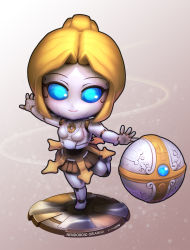Rule 34 | 1girl, android, ball, blonde hair, chibi, doll joints, female focus, figure, full body, gradient background, highres, joints, league of legends, nendoroid, orianna (league of legends), phantom ix row, solo