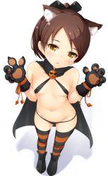 Rule 34 | 10s, 1girl, animal ears, animal hands, bad id, bad twitter id, bikini, black bikini, bokokichi (you), breasts, brown eyes, brown hair, cape, cat ears, criss-cross halter, from above, gloves, groin, halterneck, kantai collection, looking at viewer, navel, open mouth, paw gloves, shikinami (kancolle), short ponytail, small breasts, solo, string bikini, striped clothes, striped thighhighs, swimsuit, thighhighs