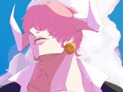Rule 34 | 1boy, black jacket, close-up, cloud, collared shirt, commentary request, earrings, glint, hair over eyes, highres, horns, jacket, jewelry, male focus, monmonmochigome, one piece, open mouth, pink hair, shirt, short hair, sky, solo, white horns, who&#039;s who (one piece)