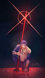 Rule 34 | 1boy, abs, absurdres, blood, blue pants, bracelet, chest strap, closed mouth, crescent, crescent necklace, cu chulainn (fate), cu chulainn (fate/stay night), cu chulainn (second ascension) (fate), detached sleeves, earrings, fate/grand order, fate (series), fomnant, gae bolg (fate), grin, highres, holding, holding polearm, holding weapon, jewelry, kneeling, looking at viewer, male focus, muscular, muscular male, necklace, on one knee, pants, polearm, red eyes, skin tight, smile, solo, spiked hair, weapon