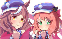 +_+ 2girls animal_ears anya_(spy_x_family) blush brown_hair cabbie_hat child commentary_request cosplay ei_ei_mun! genkigamichiru green_eyes hair_ornament hairclip hat horse_ears horse_girl matikane_tannhauser_(umamusume) medium_hair multiple_girls pink_hair portrait smile spy_x_family umamusume white_background yellow_eyes