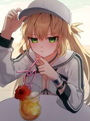 1girl artoria_caster_(fate) artoria_caster_(swimsuit)_(fate) artoria_caster_(swimsuit)_(first_ascension)_(fate) artoria_pendragon_(fate) baseball_cap blonde_hair blush breasts cocktail_glass crazy_straw cup drinking_glass drinking_straw fate/grand_order fate_(series) fingernails flower green_eyes hat highres medium_breasts red_flower sakuraike shrug_(clothing) twintails