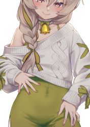 Rule 34 | 1girl, arknights, beanstalk (arknights), beanstalk (gift uncompleted) (arknights), bell, blush, braid, closed mouth, collarbone, covered navel, cowboy shot, dress, green dress, green nails, green ribbon, hair over shoulder, hair ribbon, hands on own hips, highres, long hair, long sleeves, looking at viewer, megalateo, nail polish, neck bell, off shoulder, official alternate costume, pink nails, red eyes, ribbon, seductive smile, simple background, single bare shoulder, single braid, smile, solo, sweater, white background, white sweater