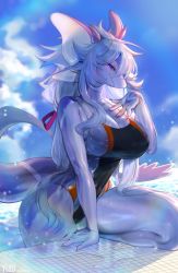 Rule 34 | 1girl, animal ears, artist name, bikini, blue sky, breasts, closed mouth, cloud, competition swimsuit, dated, day, furry, furry female, highres, horns, large breasts, long hair, looking at viewer, one-piece swimsuit, original, purple eyes, sky, smile, solo, swimsuit, tail, thighs, water, wet, wet clothes, wet swimsuit, white hair, yuio58ok