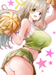 Rule 34 | 1girl, alternate costume, ass, blue archive, breasts, cheerleader, cowboy shot, crop top, from behind, green halo, halo, highres, holding, holding pom poms, komena (shinyday312), large breasts, light brown hair, looking at viewer, looking back, midriff, miniskirt, nonomi (blue archive), open mouth, panties, pantyshot, pom pom (cheerleading), pom poms, shirt, skirt, sleeveless, sleeveless shirt, smile, star (symbol), underwear, white background