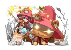 Rule 34 | 1girl, :3, adachi yousuke, bear, blush stickers, brown hair, emil chronicle online, glowing, glowing eyes, green eyes, hat, hat with ears, jpeg artifacts, looking at viewer, official art, open mouth, puzzle &amp; dragons, smile, solo, star (symbol), striped clothes, striped thighhighs, thighhighs, tiny (p&amp;d), tiny alma, wand
