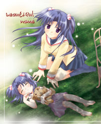 Rule 34 | 00s, 2girls, barefoot, blazer, blue hair, child, clannad, closed eyes, dress, dual persona, feet, from above, grass, hair bobbles, hair ornament, ichinose kotomi, jacket, kneeling, long hair, looking up, lying, miniskirt, multiple girls, on back, outdoors, pleated skirt, purple eyes, school uniform, skirt, sleeping, smile, socks, stuffed animal, stuffed toy, teddy bear, time paradox, toes, twintails, two side up, usami wataru