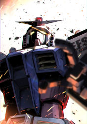Rule 34 | blurry, blurry foreground, from below, glowing, glowing eyes, gundam, highres, kuri giepi, looking up, mecha, mobile suit gundam, no humans, open hand, robot, rx-78-2, science fiction, solo, v-fin, yellow eyes
