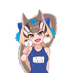 Rule 34 | alternate costume, bare shoulders, blue bow, blue one-piece swimsuit, blush, bow, brown eyes, brown hair, chipmunk ears, chipmunk girl, chipmunk tail, fang, hair bow, highres, kemono friends, kemono friends v project, light brown hair, looking at viewer, multicolored hair, name tag, one-piece swimsuit, open mouth, pointing, pointing at viewer, school swimsuit, short hair, siberian chipmunk (kemono friends), sidelocks, smile, swimsuit, tengt e, translation request, virtual youtuber, white hair